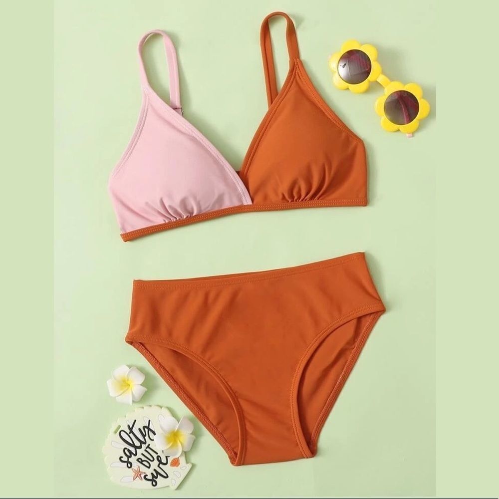 SHEIN Girls Color Block Bikini Swimsuit Removable Pads  Size 160/ US 13/14